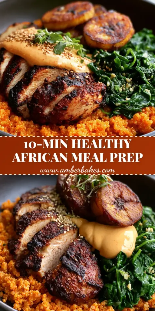 A high-end meal prep bowl featuring African foods: Jollof quinoa, Suya chicken, and fried plantains in a charcoal bowl.