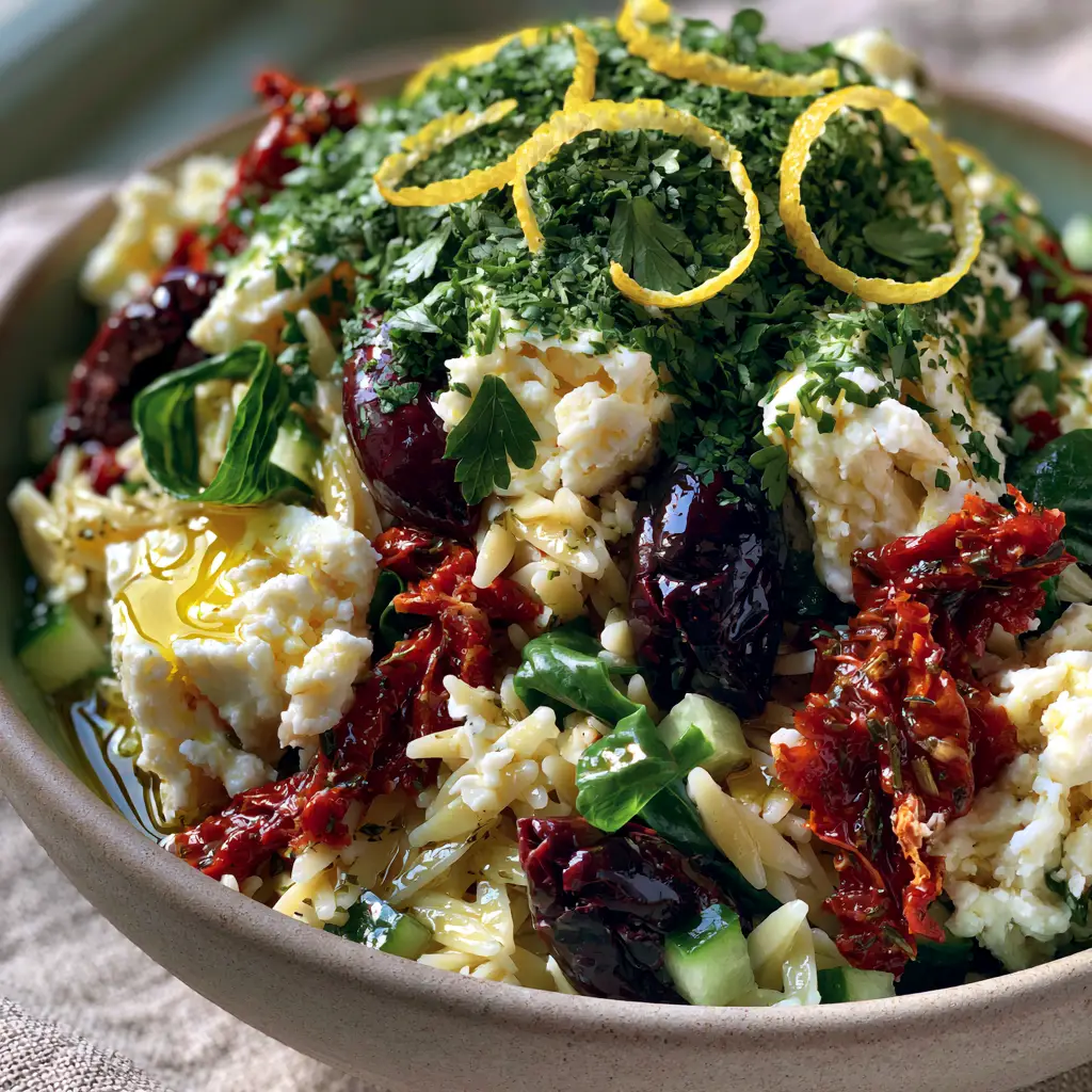 Eye-level shot of Mediterranean orzo salad with bright red sun-dried tomatoes and yellow lemon zest.
