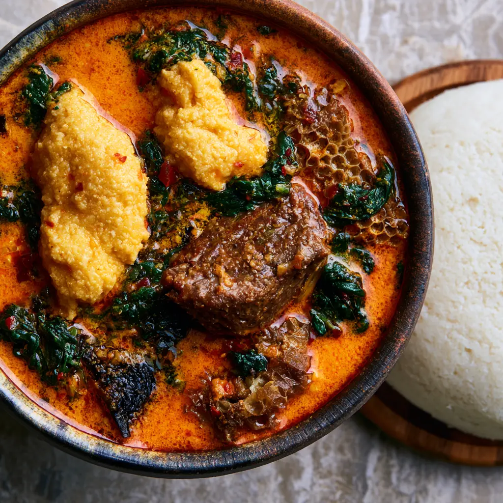Nigerian Soups: The Ultimate Authentic Egusi Soup with Pounded Yam 1 Succulent browned beef and honeycomb tripe submerged in glossy red Nigerian Egusi soup.