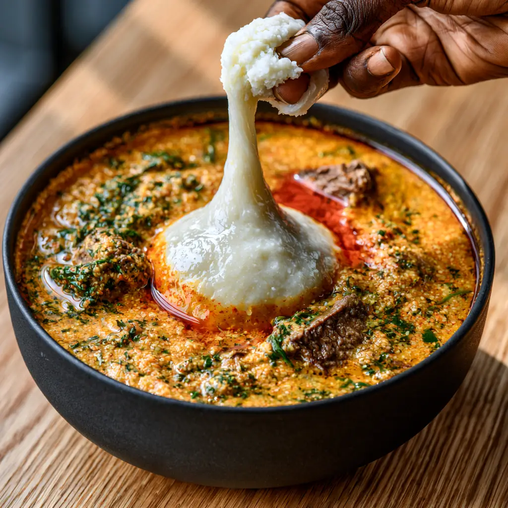 A steaming bowl of Egusi soup with a glossy mound of West African Fufu and glistening red palm oil.