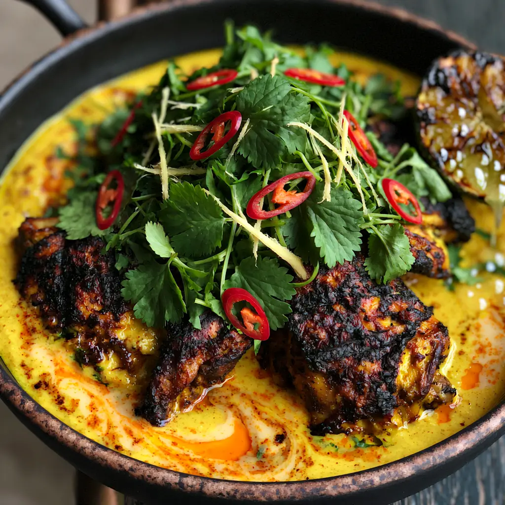 Detailed shot of Kuku Paka recipe garnished with ginger matchsticks, red chilies, and fresh cilantro.
