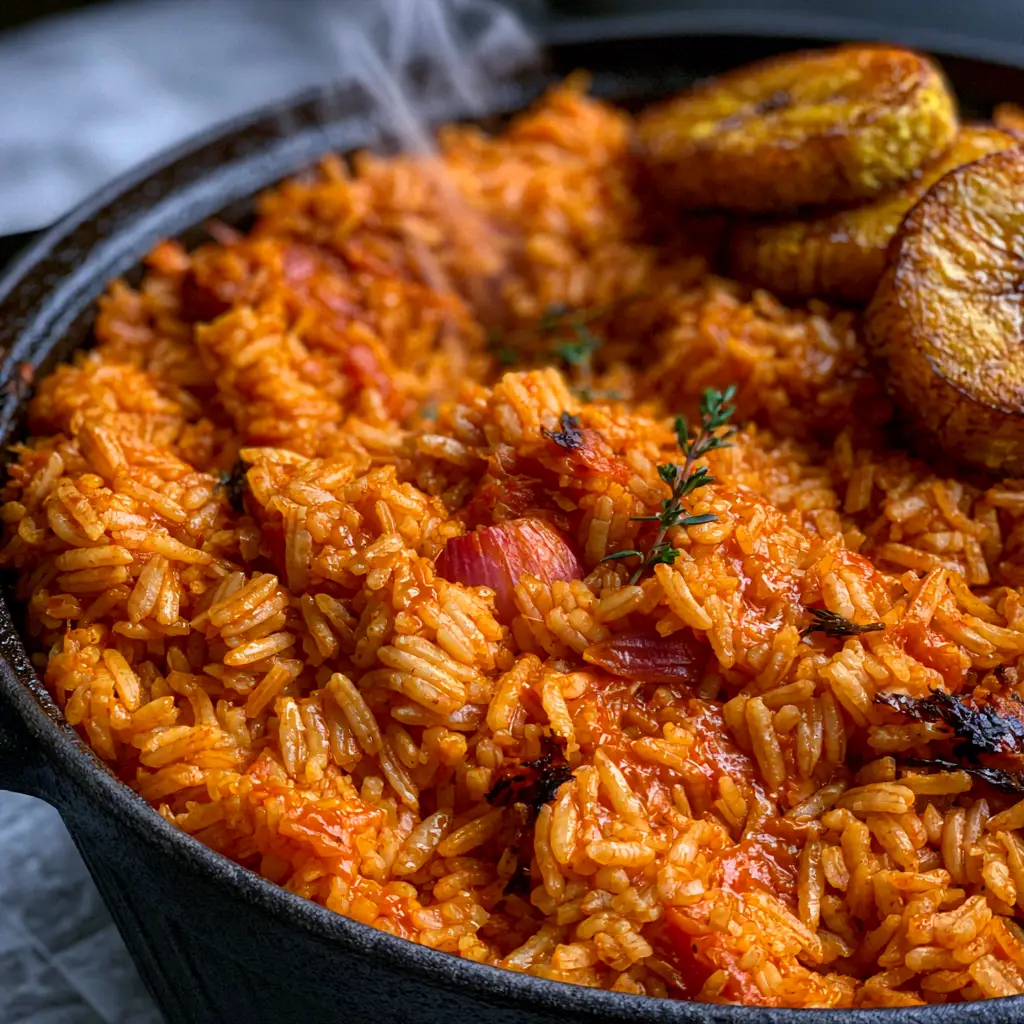 Rustic black cast iron pot filled with smoky Jollof rice and golden caramelized plantains.