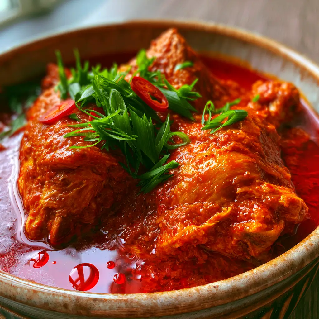 A rustic bowl of Nigerian chicken stew garnished with green spring onions and red scotch bonnet rounds.
