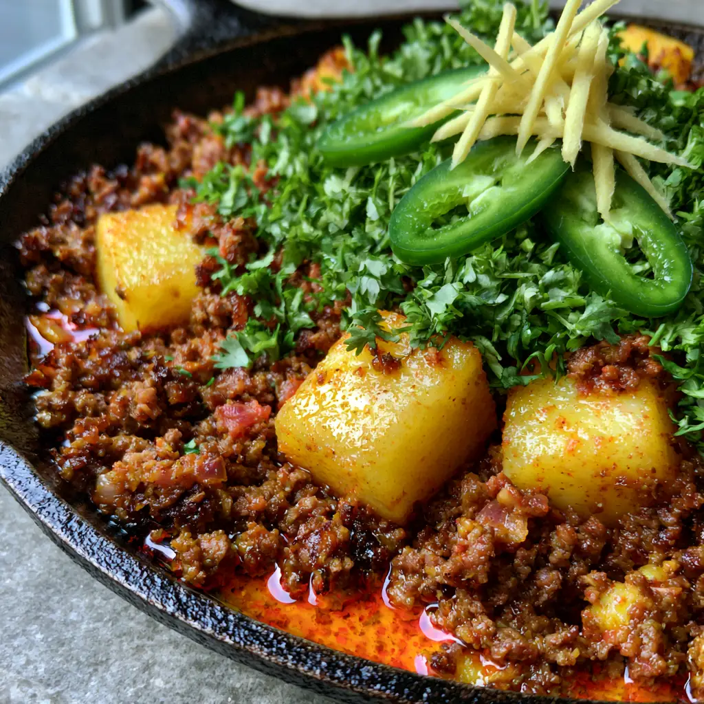 Extreme close-up of caramelized ground beef and golden potatoes in Aloo Keema.
