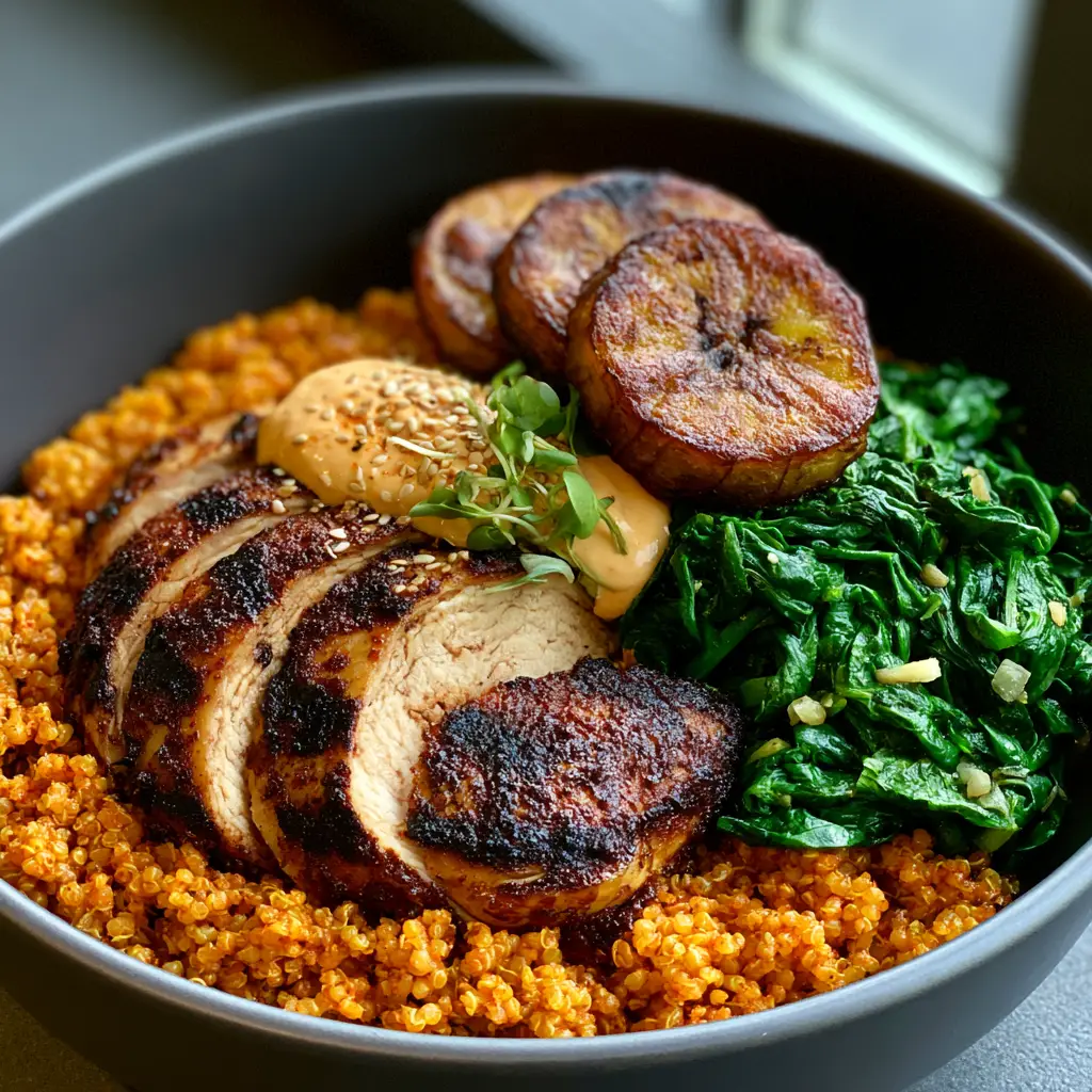 A complete African bowl with emerald garlic spinach, golden fried plantains, and piri-piri drizzle.