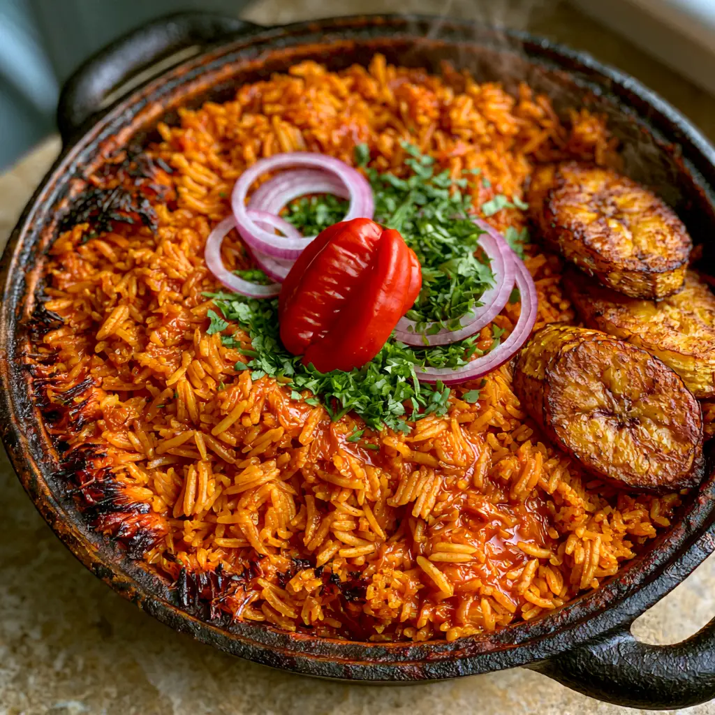 A close up of Jollof rice featuring caramelized onion rings and golden-brown fried plantain slices.