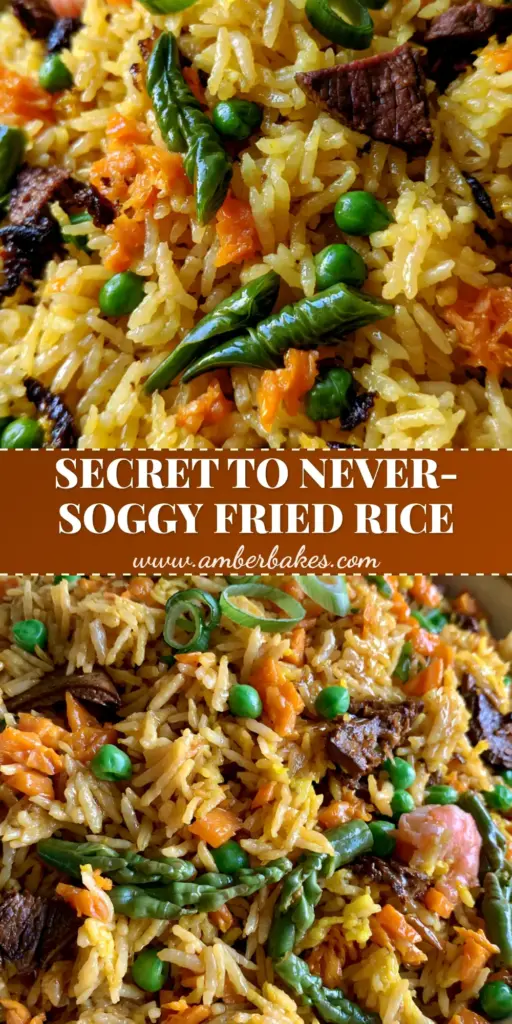 A close-up shot of authentic Nigerian fried rice in a bowl, featuring individual golden grains, diced carrots, green peas, and sautéed liver bits. (Nigerian fried rice recipe)