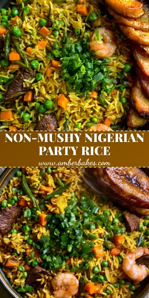 Nigerian Fried Rice: The Ultimate Authentic Party Rice Recipe 4 A vibrant bowl of Nigerian Fried Rice featuring golden grains, succulent shrimp, and browned beef liver, served with caramelized plantains.