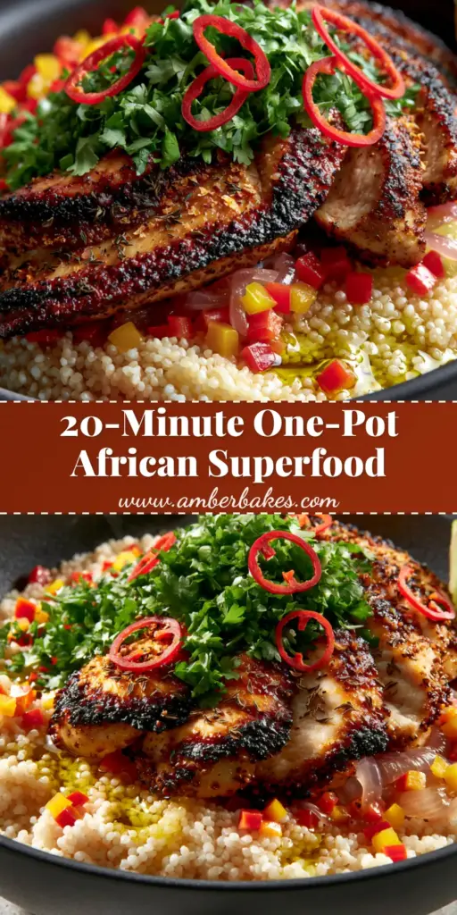 A top-down view of a modern black pot featuring seared chicken slices, fluffy ivory fonio grains, and colorful bell peppers. (African dishes)