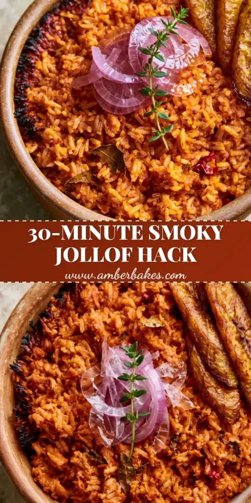 A rustic ceramic bowl of steaming Nigerian Smoky Jollof Rice topped with red onion rings and fresh thyme, featuring diagonal slices of caramelized fried plantains. (Nigerian lunch recipes)