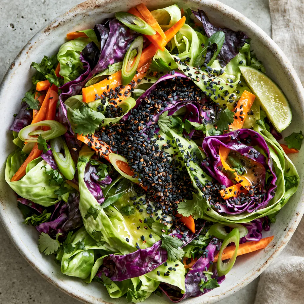 A rustic matte white bowl filled with ultra-vibrant coleslaw on a concrete background.