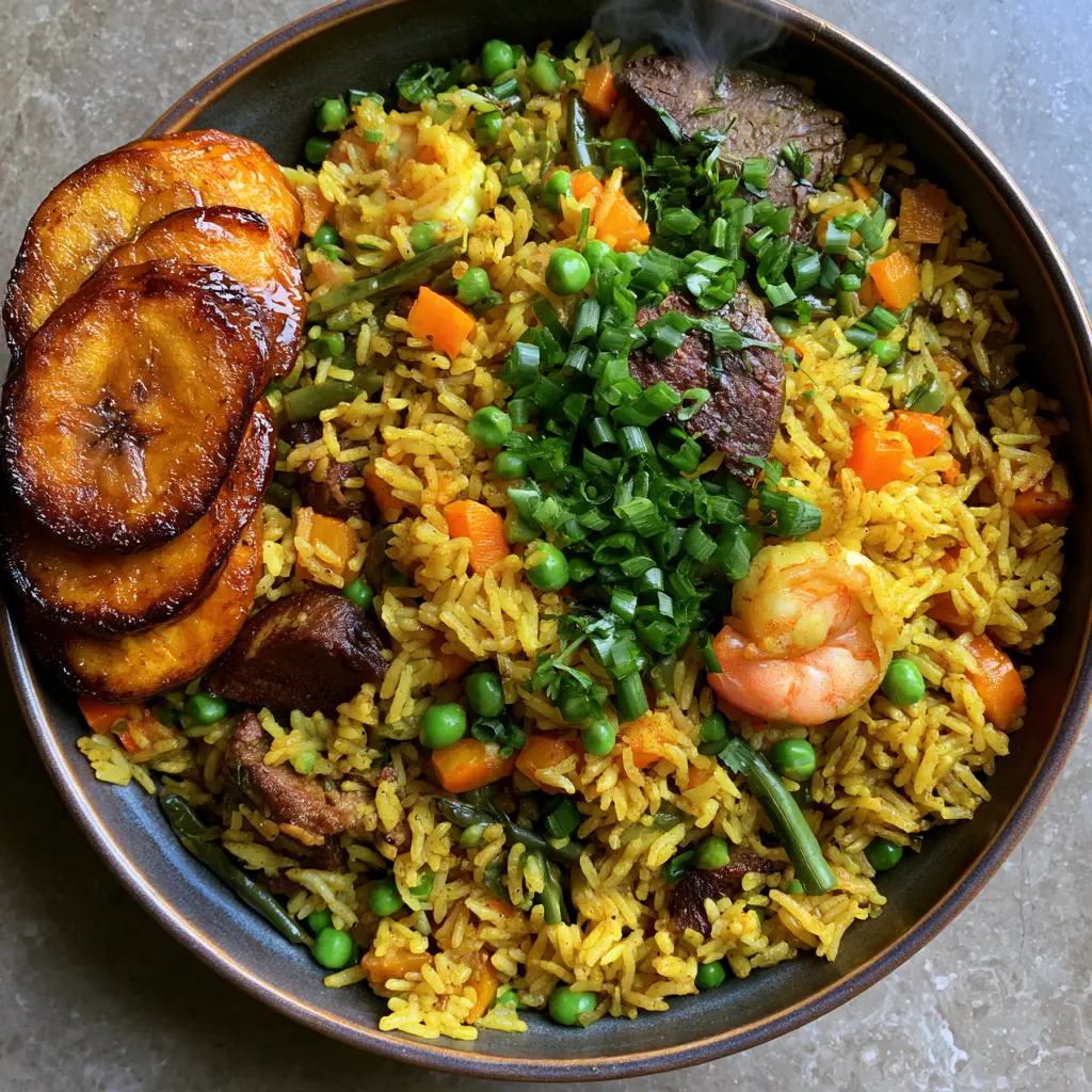 Nigerian Fried Rice: The Ultimate Authentic Party Rice Recipe 2 Overhead view of Nigerian Fried Rice in a dark ceramic bowl with vibrant green peas and orange carrots.