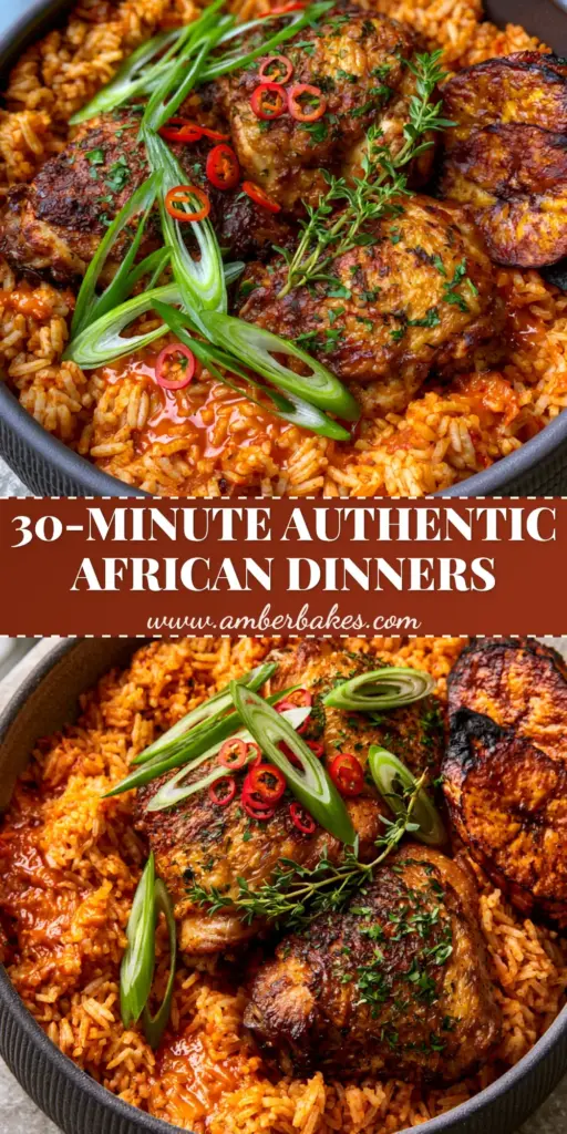 A vibrant bowl of West African Jollof rice topped with crispy chicken thighs, fried plantains, and fresh herbs. (African food recipes)