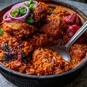 Close up of long-grain Ghanaian Jollof rice showing charred pepper fragments and glistening oil sheen. (Ghanaian dishes)