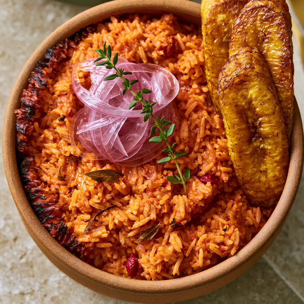 Close-up shot of vibrant orange-red Jollof rice grains coated in a thick tomato and pepper sauce with visible scotch bonnet flecks. (Nigerian lunch recipes)