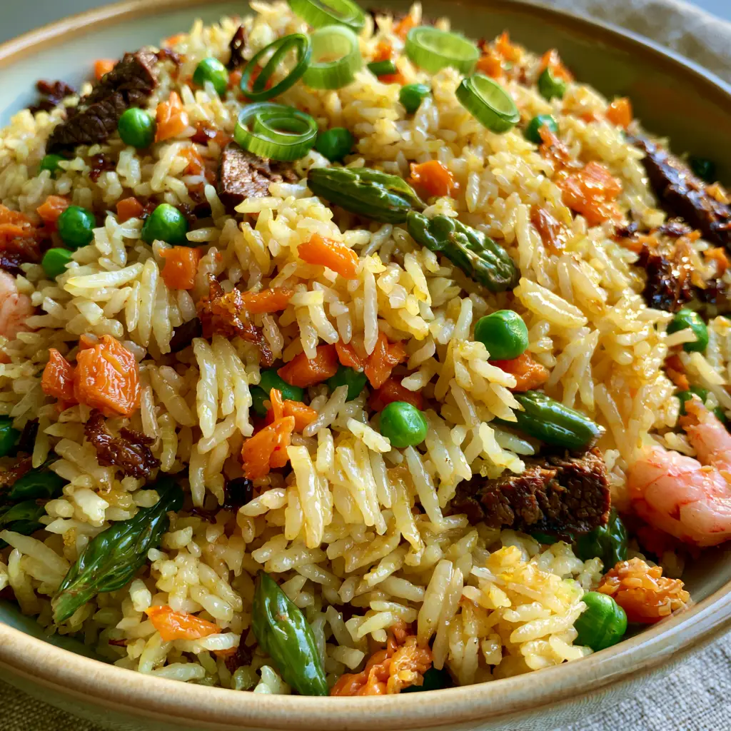 Close-up of golden Nigerian fried rice topped with fresh scallion rings in a neutral ceramic bowl.