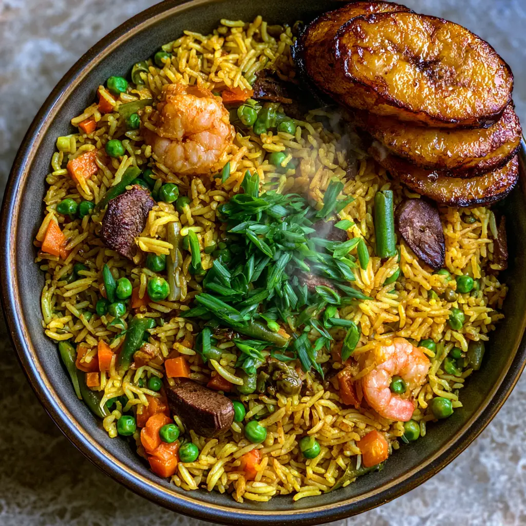 Nigerian Fried Rice: The Ultimate Authentic Party Rice Recipe 1 Close up of caramelized fried plantains (dodo) served next to a bowl of golden Nigerian Fried Rice.