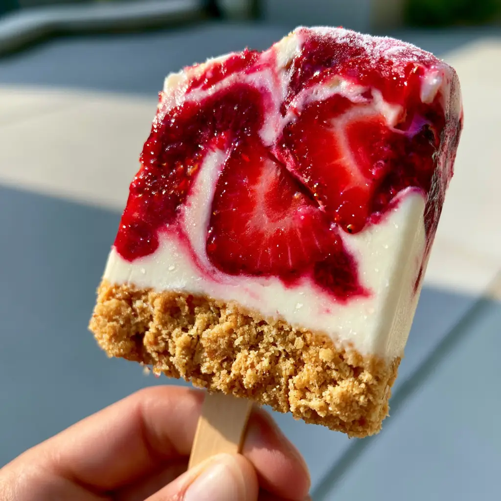 Strawberry Cheesecake Popsicles with a Buttery Graham Cracker Crumble 2 Close up photo of a strawberry cheesecake popsicle showing velvety cream and vibrant strawberry swirls with condensation.