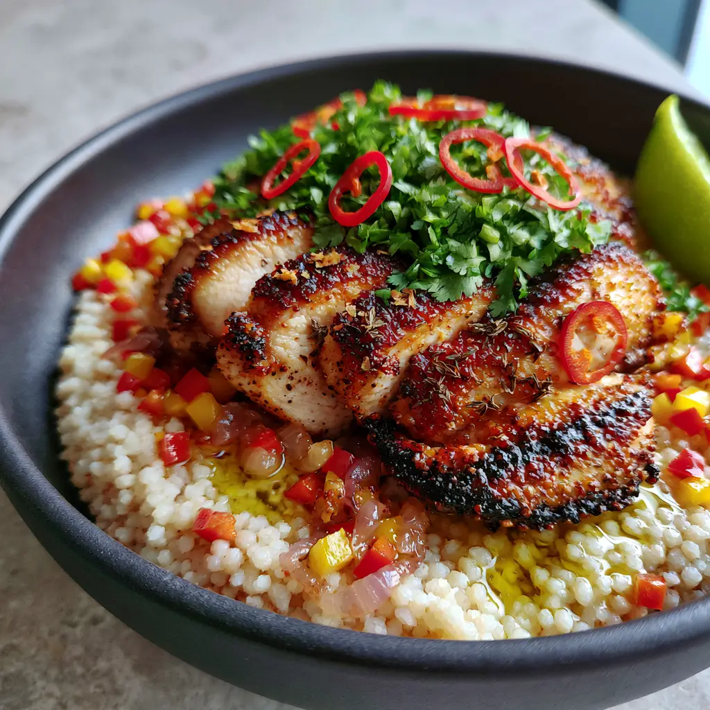 Succulent seared chicken breast with thyme flakes resting on a bed of fonio and peppers.