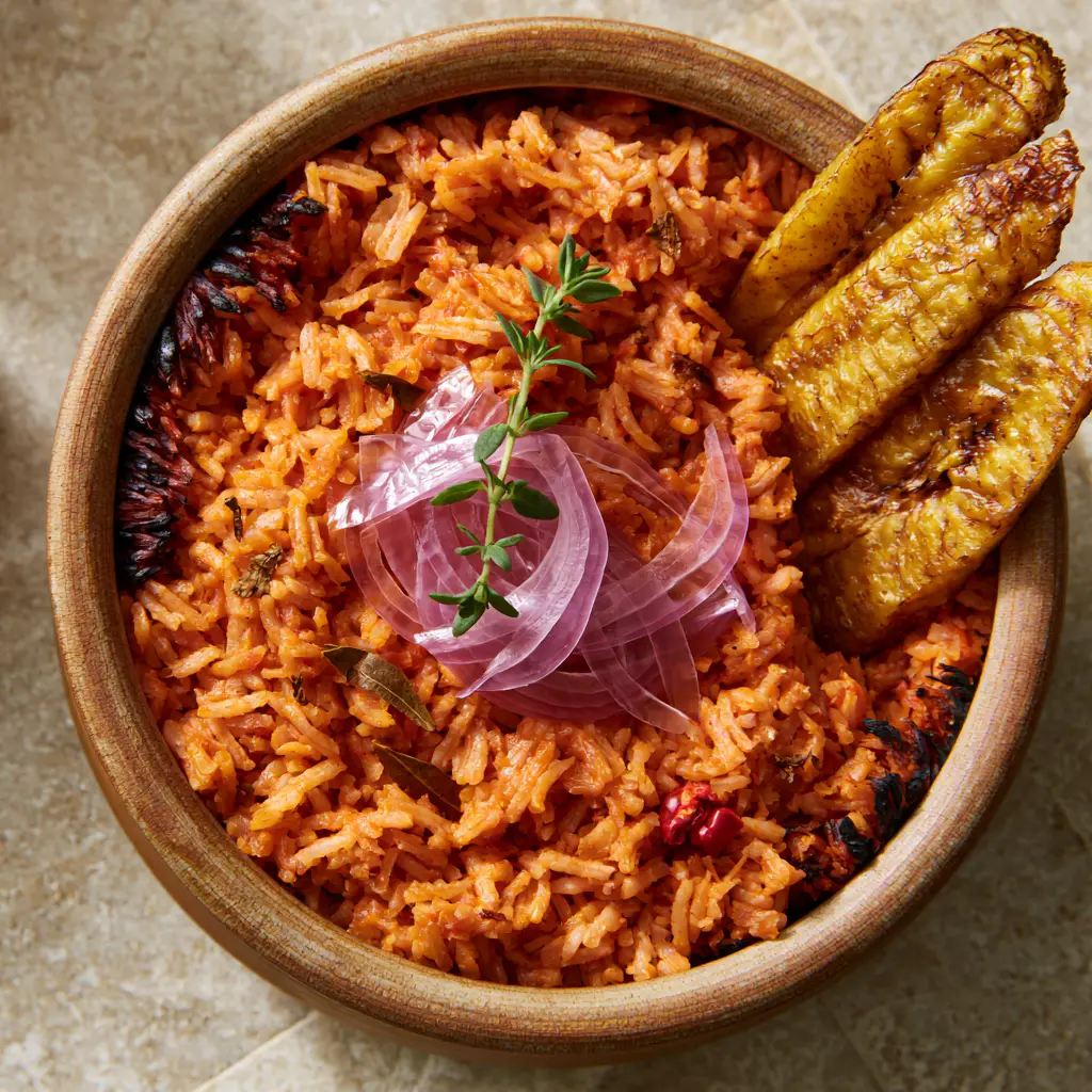 A steaming bowl of Nigerian Jollof rice showing charred rice bits and golden-brown caramelized plantains on a stone countertop.