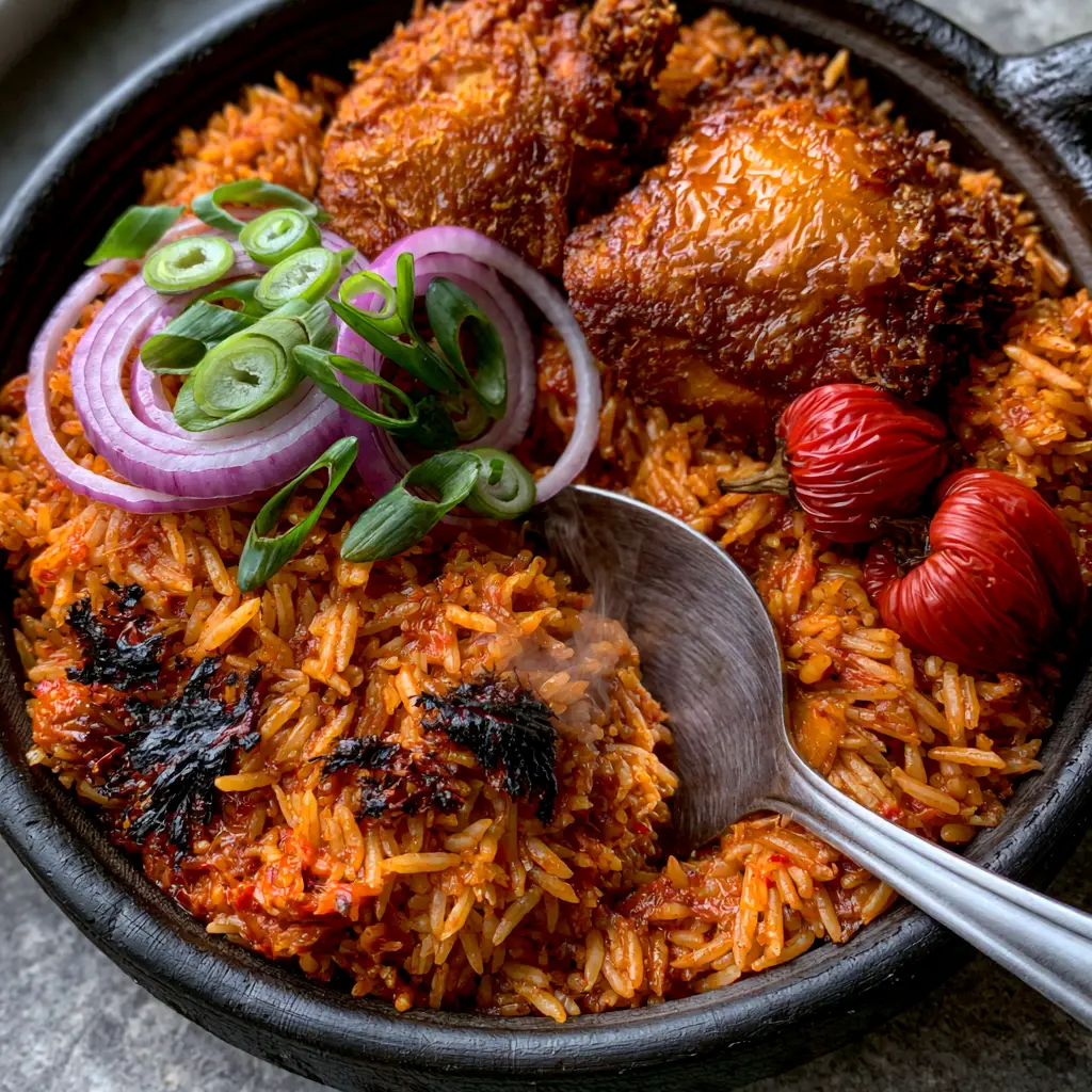 Authentic Ghanaian Jollof rice served with golden-brown crispy fried chicken and fresh scallion garnish.