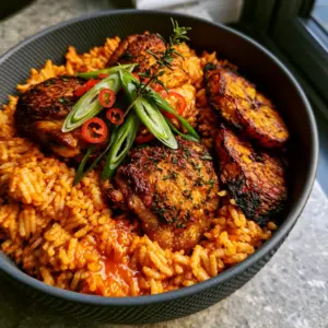 Close-up macro shot of glossy Jollof rice grains and crispy seared chicken skin. (African food recipes)