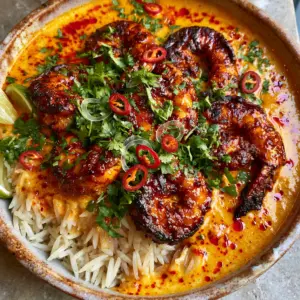 Extreme close-up of charred tiger prawns with a glistening spicy glaze and red chili oil droplets on an orange sauce. (Mozambique recipes)