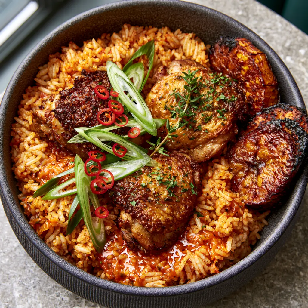 Top-down view of Jollof rice in a charcoal ceramic bowl with caramelized plantains and red chili rings.