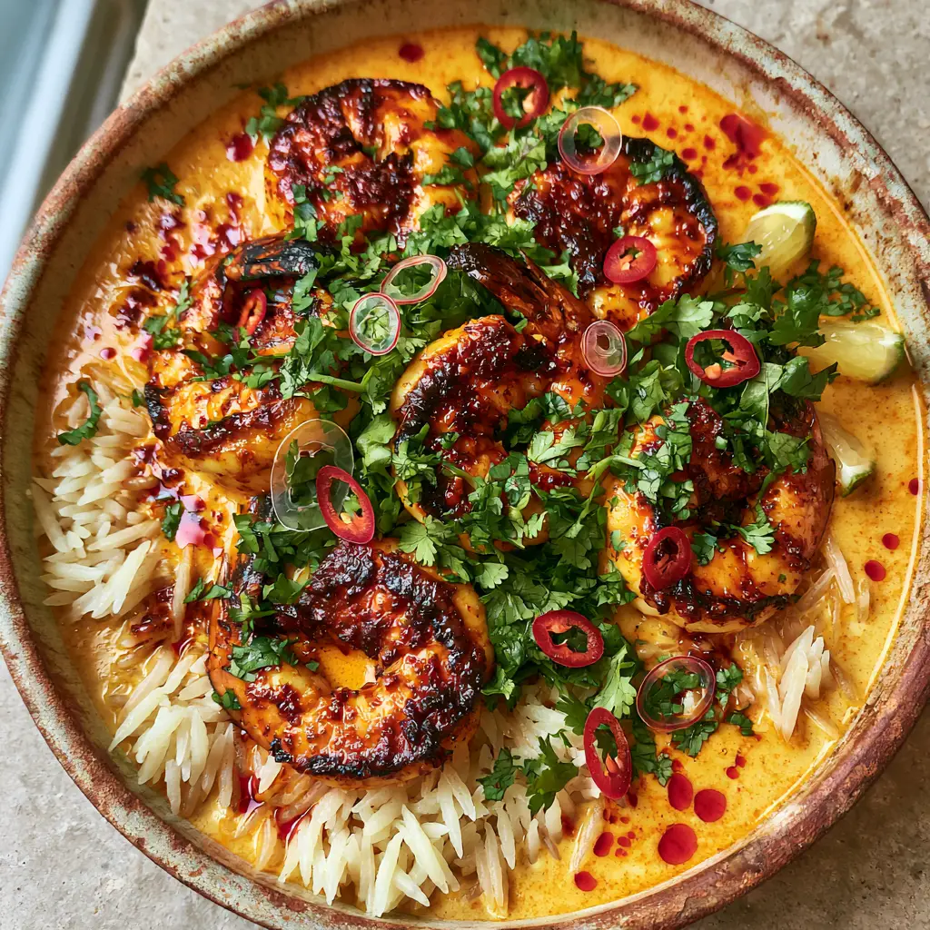 A high-angle shot showing fluffy long-grain rice submerged in a vibrant orange coconut milk sauce with thinly sliced red chilies.