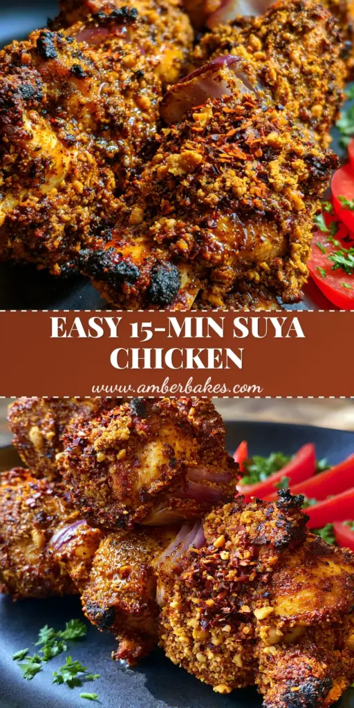 Suya chicken: The Ultimate Crispy Air-Fried Nigerian Skewers 4 A tall Pinterest pin image showing three Nigerian Suya chicken skewers on a dark matte plate with tomatoes and onions. (Suya chicken)