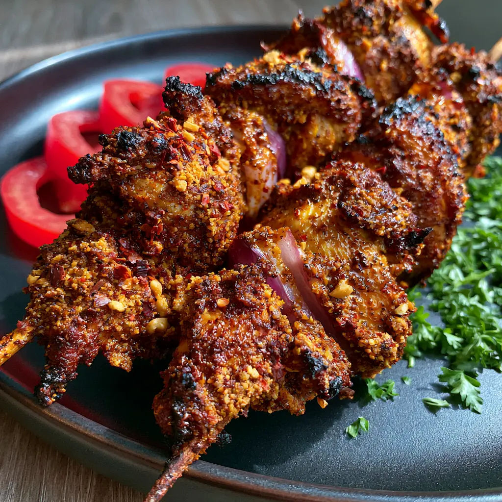 Suya chicken: The Ultimate Crispy Air-Fried Nigerian Skewers 2 Close-up of air-fried Suya chicken skewers showing charred edges and glistening peanut spice rub. (Suya chicken)