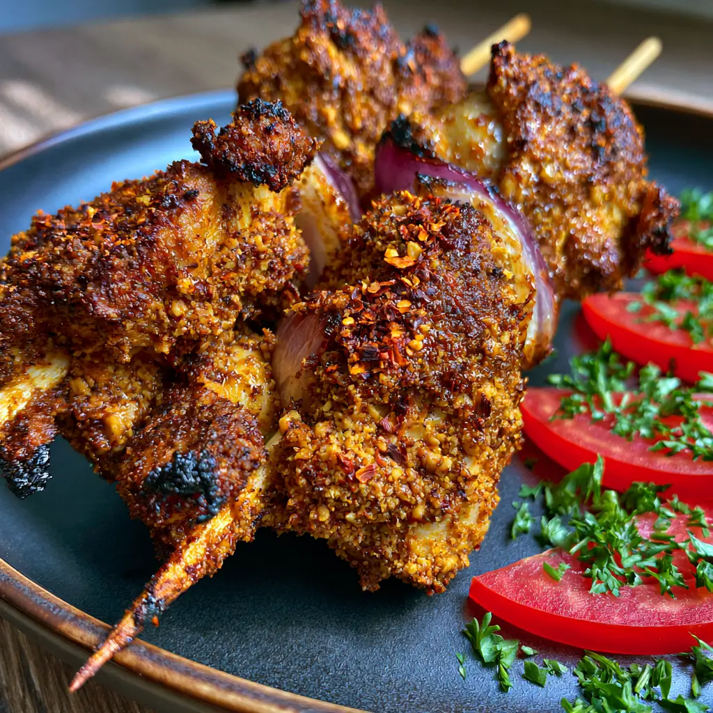 Suya chicken: The Ultimate Crispy Air-Fried Nigerian Skewers 1 Handheld photo of Nigerian Suya chicken skewers served with fresh tomatoes and red onions on a ceramic plate.