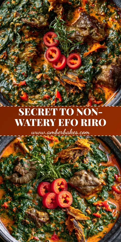 A close-up of authentic Nigerian Spinach Stew (Efo Riro) in a black bowl with seared beef, tripe, and a side of pounded yam.