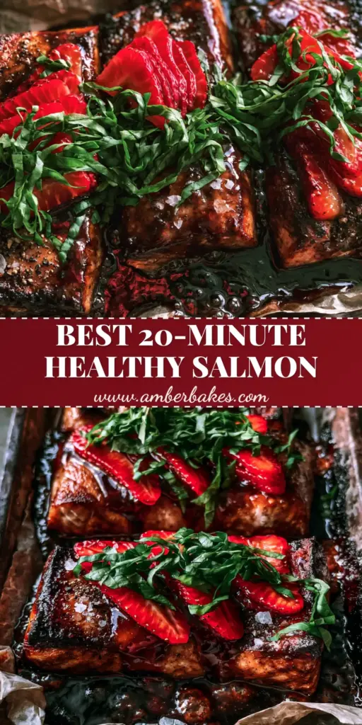 A top-down photo of Strawberry Balsamic Glazed Salmon with charred edges, ruby glaze, sliced strawberries, and basil on a rustic sheet pan.