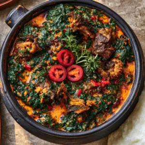 Top-down view of Nigerian Spinach Stew featuring wilted spinach, red palm oil sheen, and seared beef chunks.