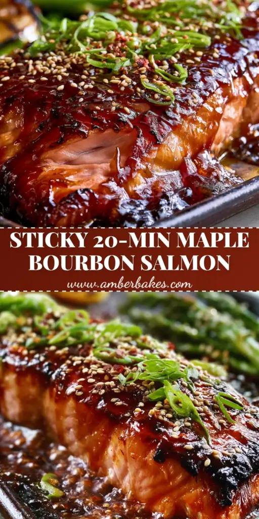 A thick, center-cut maple bourbon glazed salmon fillet with bubbling mahogany sauce, charred edges, and green scallions on a dark tray. (maple bourbon glazed salmon)