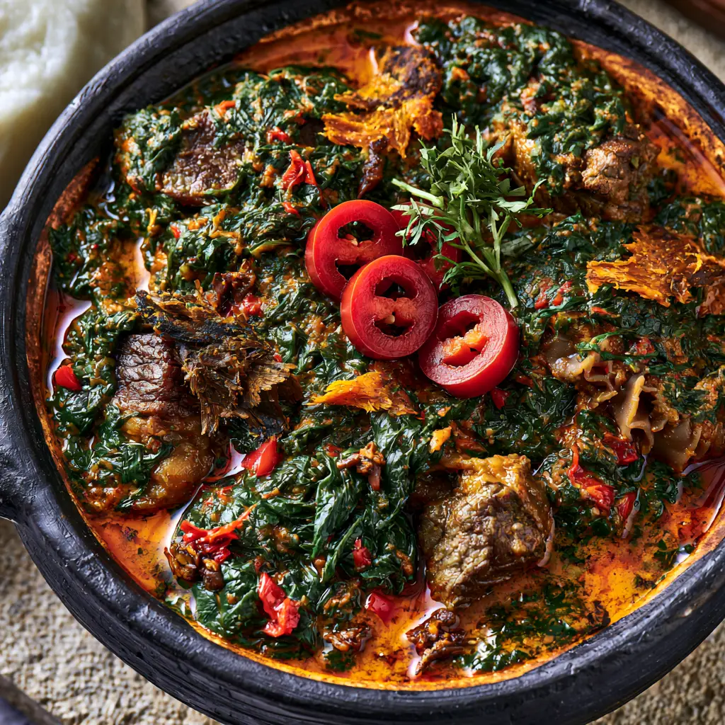 Detailed close-up of smoked fish flakes and fermented locust beans inside a Nigerian Spinach Stew.