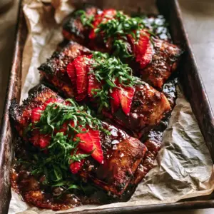 Close up of three thick salmon fillets drenched in a thick ruby-red balsamic glaze on crumpled parchment.