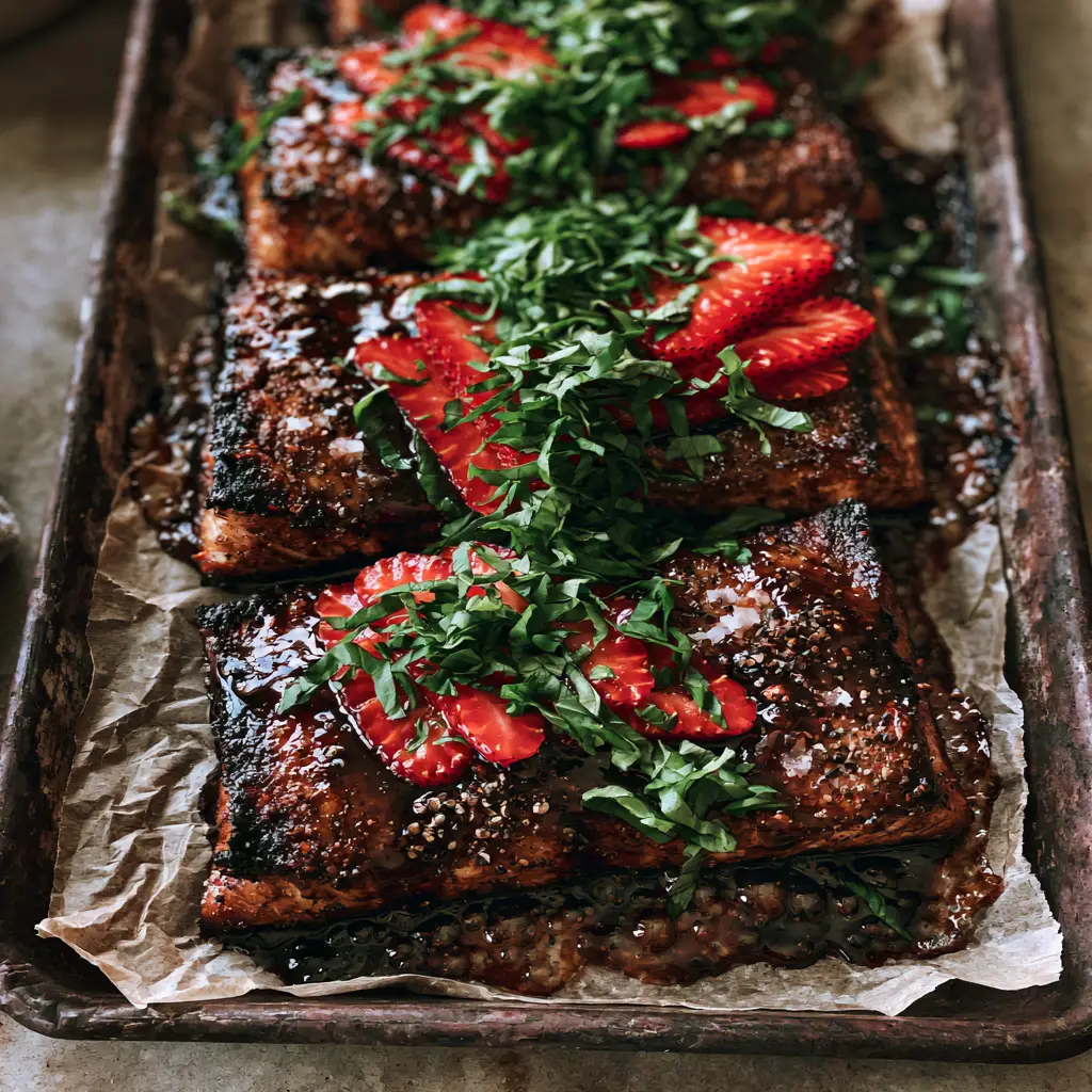Strawberry Balsamic Glazed Salmon topped with fresh emerald green basil ribbons and sea salt flakes.