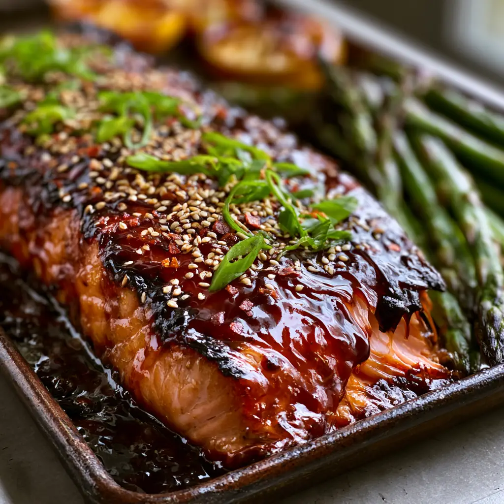 Handheld smartphone photo of a sheet pan featuring maple bourbon glazed salmon, blistered asparagus, and roasted lemon wheels.