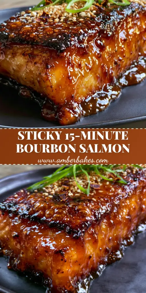 A thick, seared salmon fillet on a matte black plate, covered in a heavy, viscous amber honey bourbon glaze with toasted sesame seeds and green scallions. (Salmon with Bourbon Glaze)