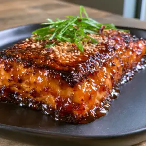 Extreme close-up of a seared salmon fillet with a bubbly caramelized crust and dripping honey bourbon glaze. (Salmon with Bourbon Glaze)