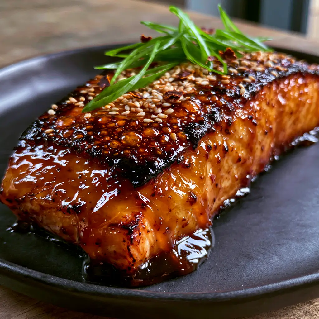 Top view of Salmon with Bourbon Glaze on a black plate, showcasing toasted sesame seeds and bright green scallions.