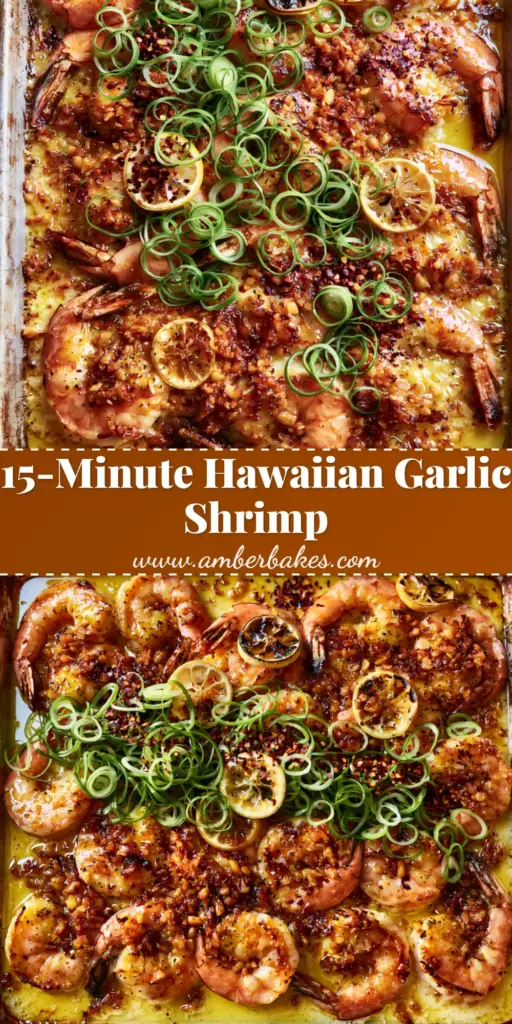 A close-up overhead shot of Hawaiian Garlic Shrimp on a rustic sheet pan with thick butter sauce, caramelized garlic, and charred lemons.
