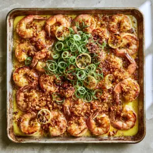 Smartphone photo of Hawaiian Garlic Shrimp glistening with yellow-gold butter sauce and fresh green scallions.