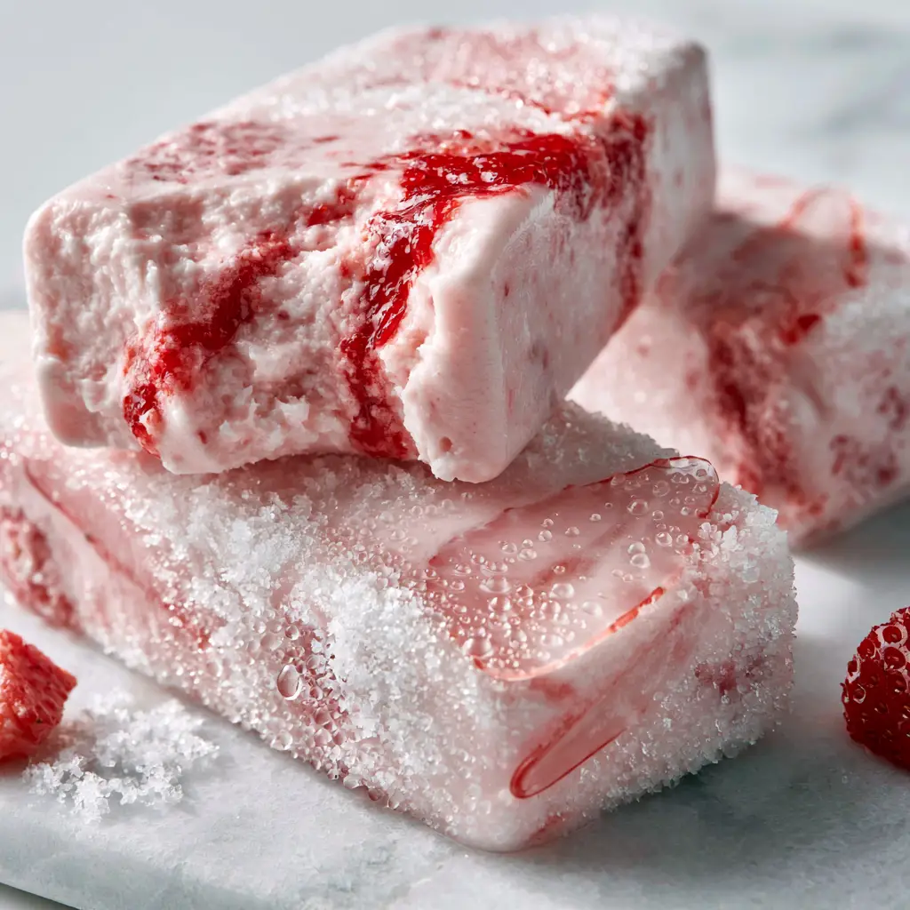 Popsicle Recipes: The Ultimate Creamy Strawberry Greek Yogurt Swirl 2 Extreme close-up of a bitten strawberry popsicle showing creamy pale-pink interior. (Popsicle recipes)