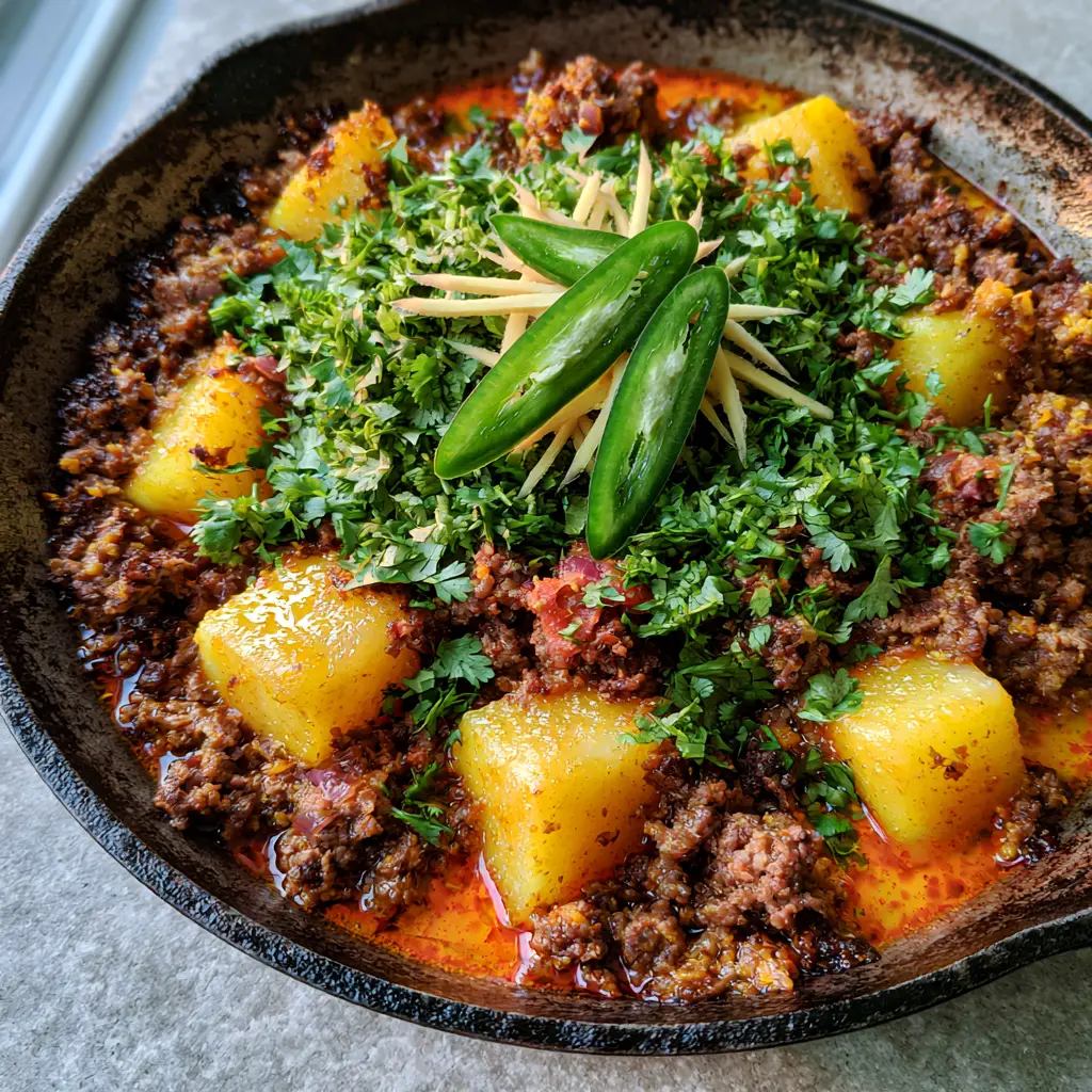Aloo Keema garnished with julienned ginger and sliced green serrano chilies.