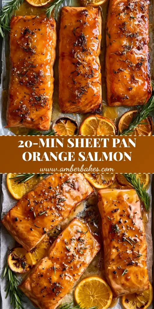 Orange rosemary glazed salmon: The Ultimate 20-Minute Sheet Pan Dinner 4 Top-down view of Orange rosemary glazed salmon fillets on a grey sheet pan with caramelized orange slices and charred rosemary sprigs.