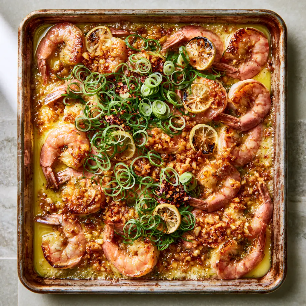 Close up of caramelized minced garlic bits on seared jumbo shrimp with charred lemon slices.