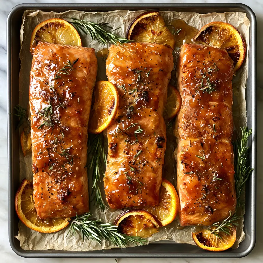 Orange rosemary glazed salmon: The Ultimate 20-Minute Sheet Pan Dinner 2 Three thick Atlantic salmon fillets heavily coated in a glistening orange-amber glaze on a dark grey sheet pan. (Orange rosemary glazed salmon)